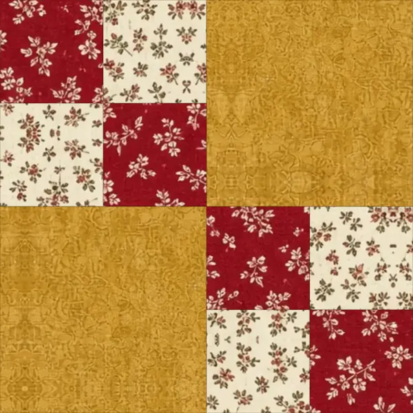Double Four Patch quilt block in cranberry and cream