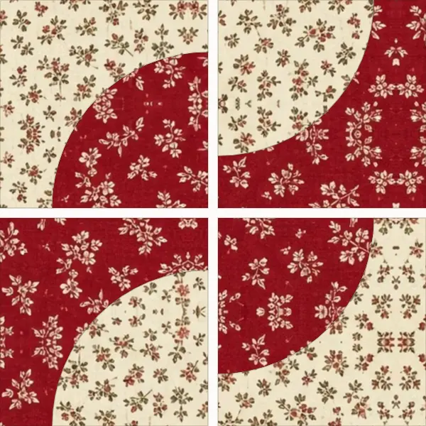 Drunkard's Path block laid out in its units before sewing