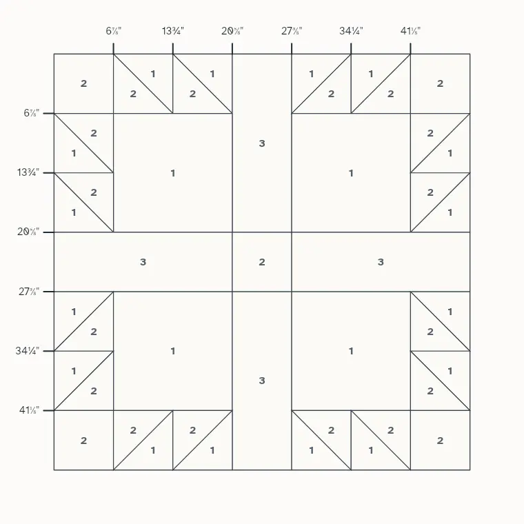 Bear Paw barn quilt layout on a 4 by 4 foot board with measurements