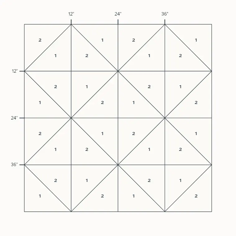 Broken Dishes barn quilt layout on a 4 by 4 foot board with measurements