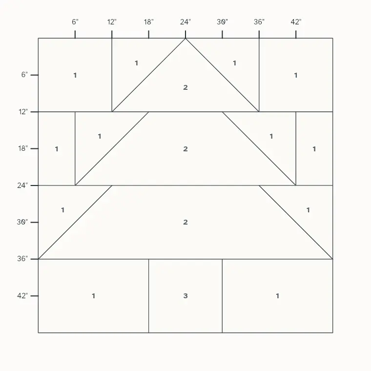 Christmas Tree barn quilt layout on a 4 by 4 foot board with measurements