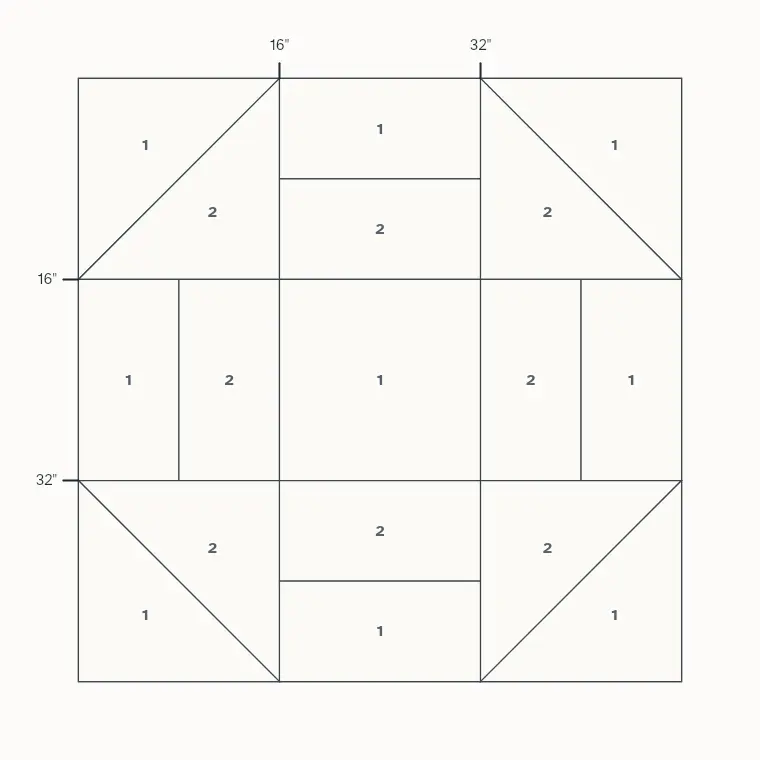 Churn Dash barn quilt layout on a 4 by 4 foot board with measurements