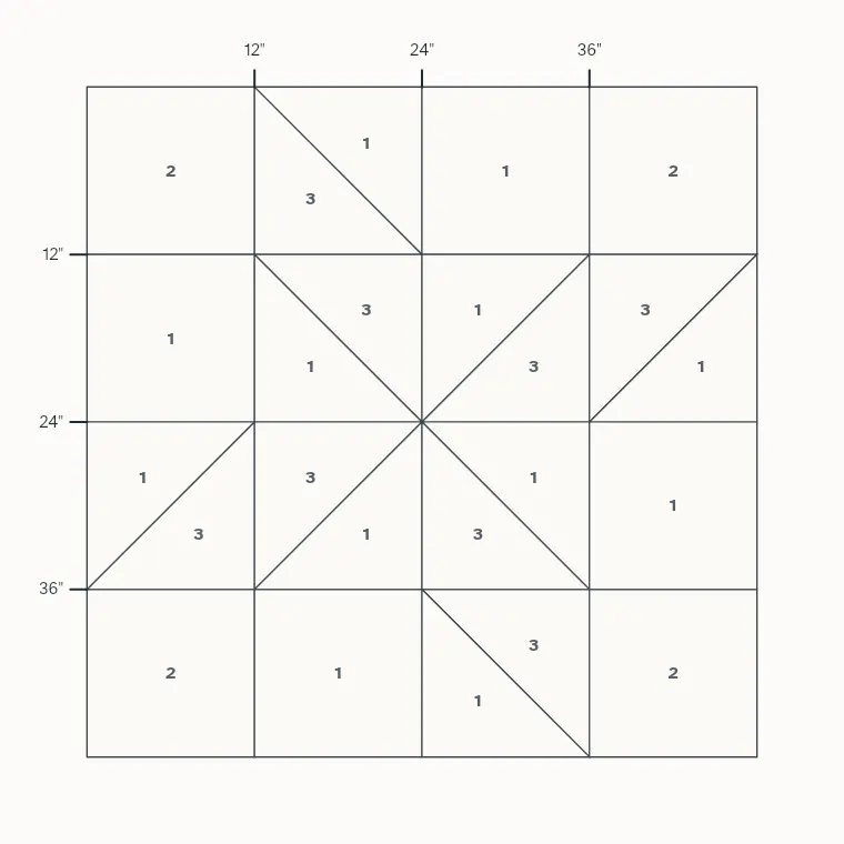 Clay's Choice barn quilt layout on a 4 by 4 foot board with measurements