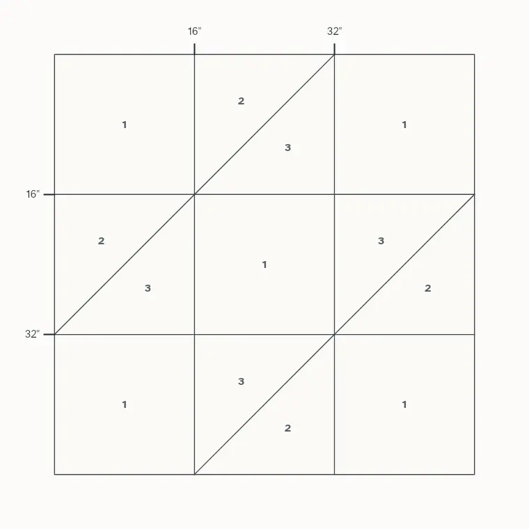 Contrary Wife barn quilt layout on a 4 by 4 foot board with measurements