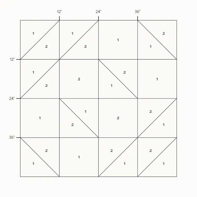 Crosses and Losses barn quilt layout on a 4 by 4 foot board with measurements