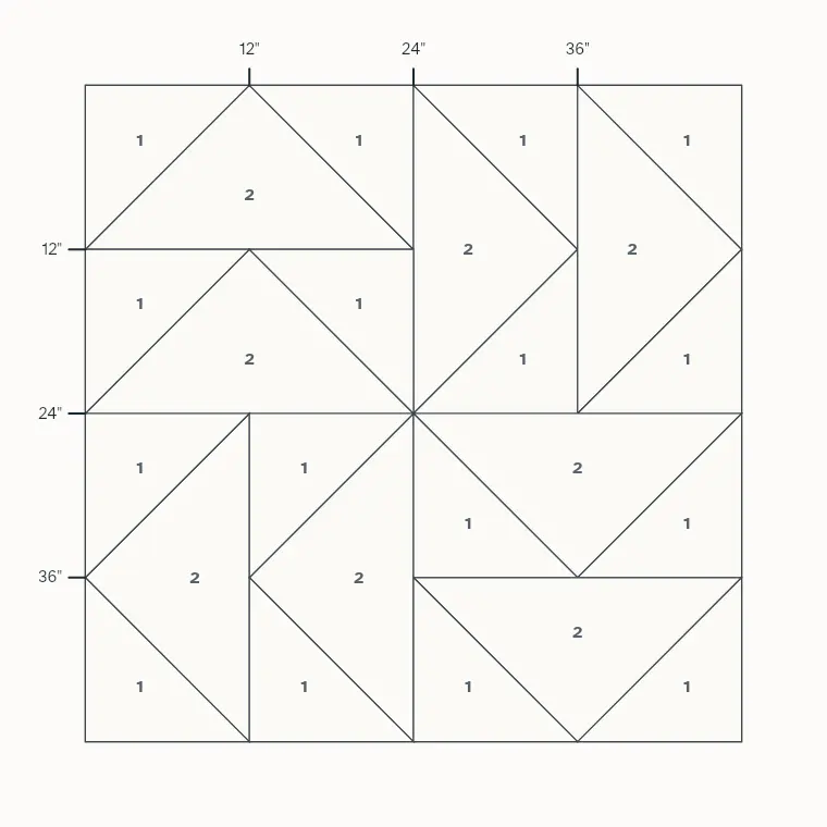 Dutchman's Puzzle barn quilt layout on a 4 by 4 foot board with measurements