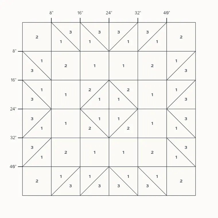 Four Patch Star barn quilt layout on a 4 by 4 foot board with measurements