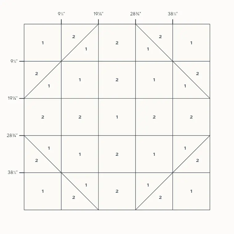 Grandmother's Choice barn quilt layout on a 4 by 4 foot board with measurements