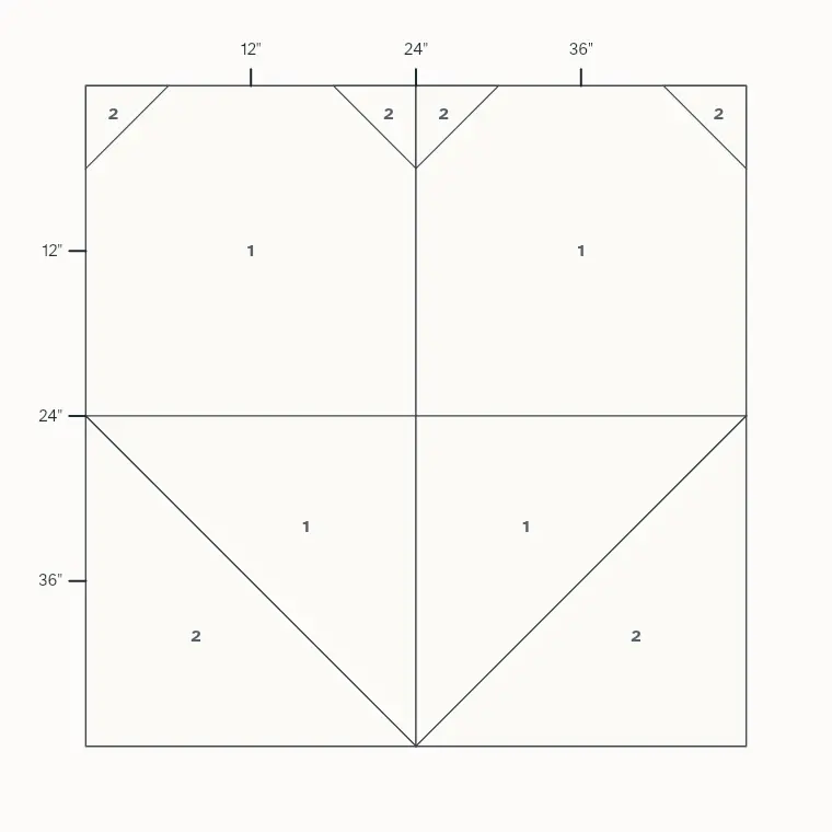 Heart barn quilt layout on a 4 by 4 foot board with measurements