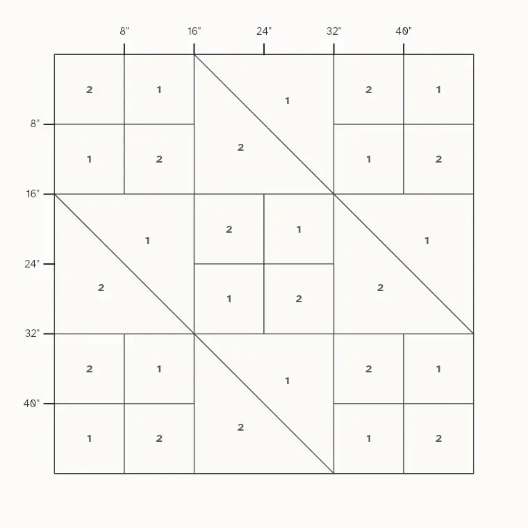 Jacob's Ladder barn quilt layout on a 4 by 4 foot board with measurements