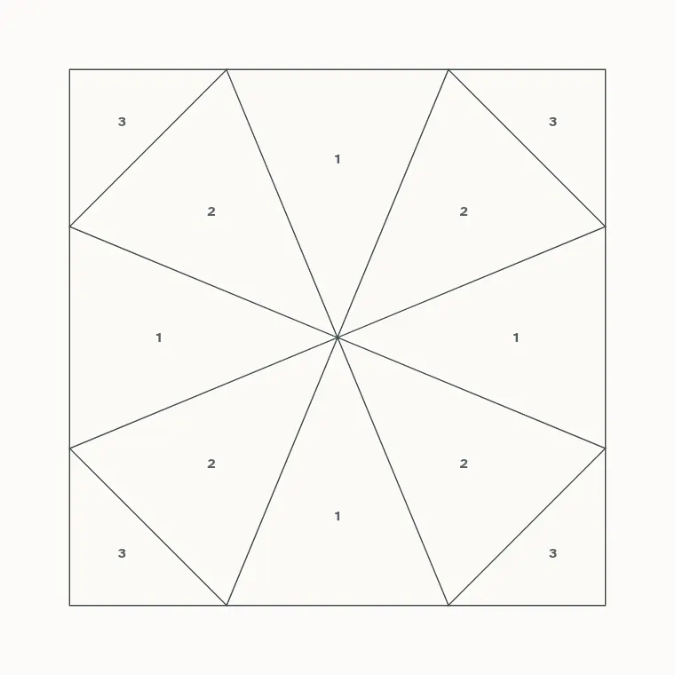 Kaleidoscope barn quilt layout on a 4 by 4 foot board with measurements