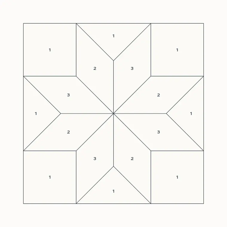 LeMoyne Star barn quilt layout on a 4 by 4 foot board with measurements