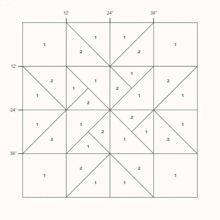 Martha Washington Star barn quilt layout on a 4 by 4 foot board with measurements