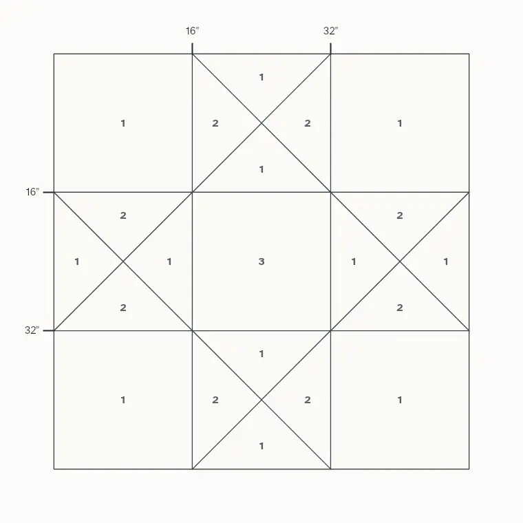 Ohio Star barn quilt layout on a 4 by 4 foot board with measurements