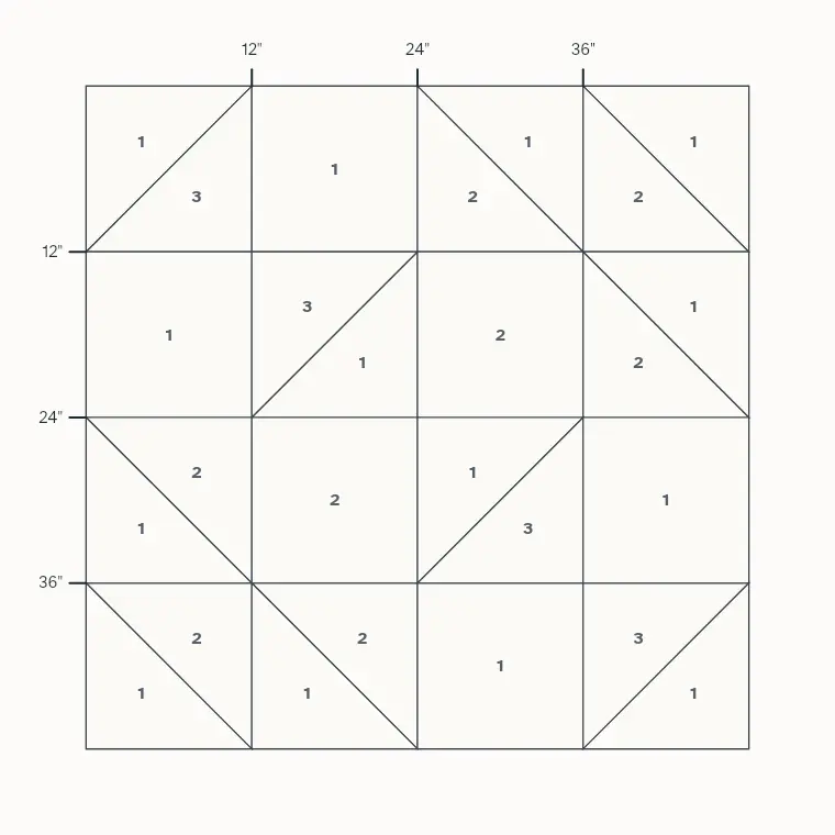 Old Maid's Puzzle barn quilt layout on a 4 by 4 foot board with measurements