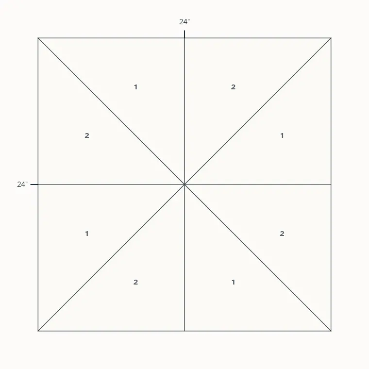 Pinwheel barn quilt layout on a 4 by 4 foot board with measurements