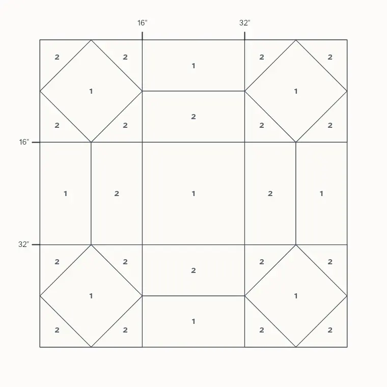 Rolling Stone barn quilt layout on a 4 by 4 foot board with measurements