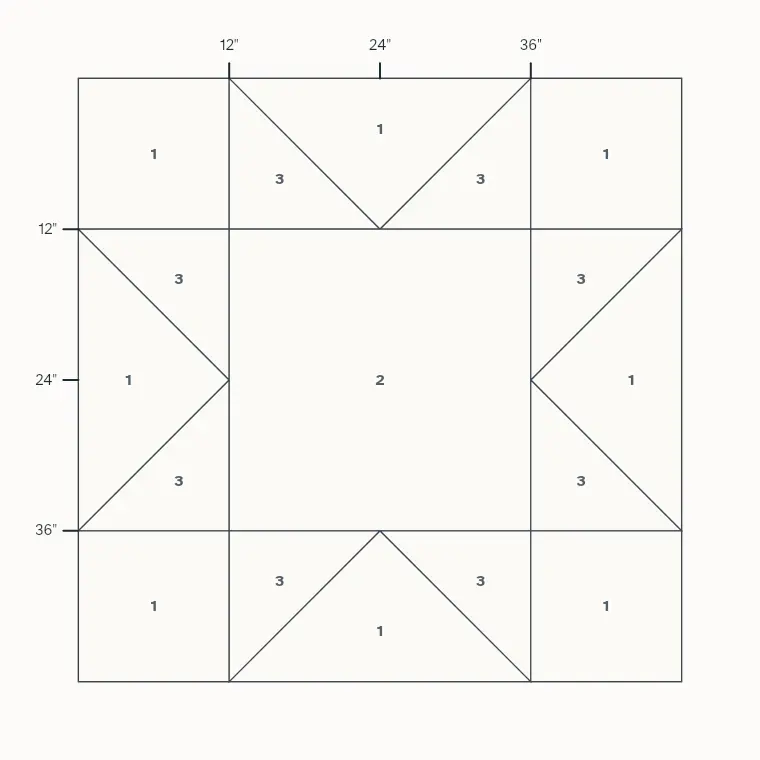Sawtooth Star barn quilt layout on a 4 by 4 foot board with measurements