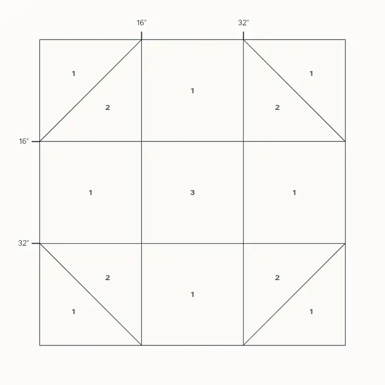 Shoofly barn quilt layout on a 4 by 4 foot board with measurements
