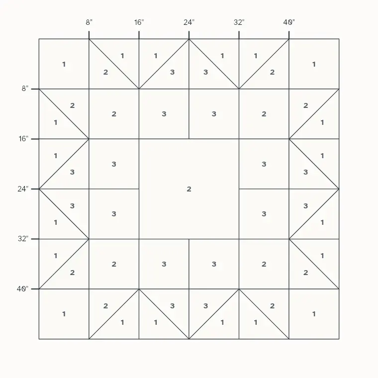 Weathervane barn quilt layout on a 4 by 4 foot board with measurements