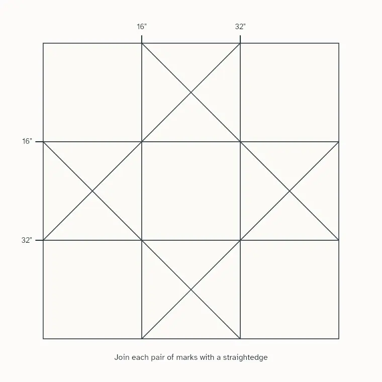The Ohio Star layout drawn in pencil, with marks at 16 and 32 inches