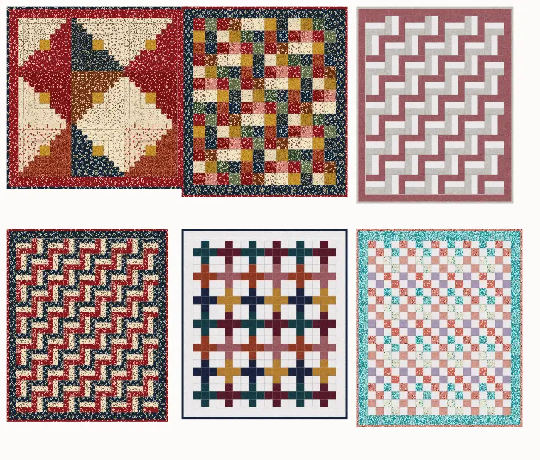 Six beginner quilts side by side