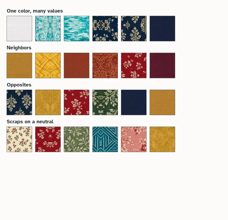 Fabric swatches arranged in four color schemes