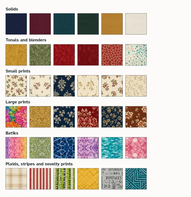 Swatches of solids, tonals, small prints, large prints, batiks and stripes