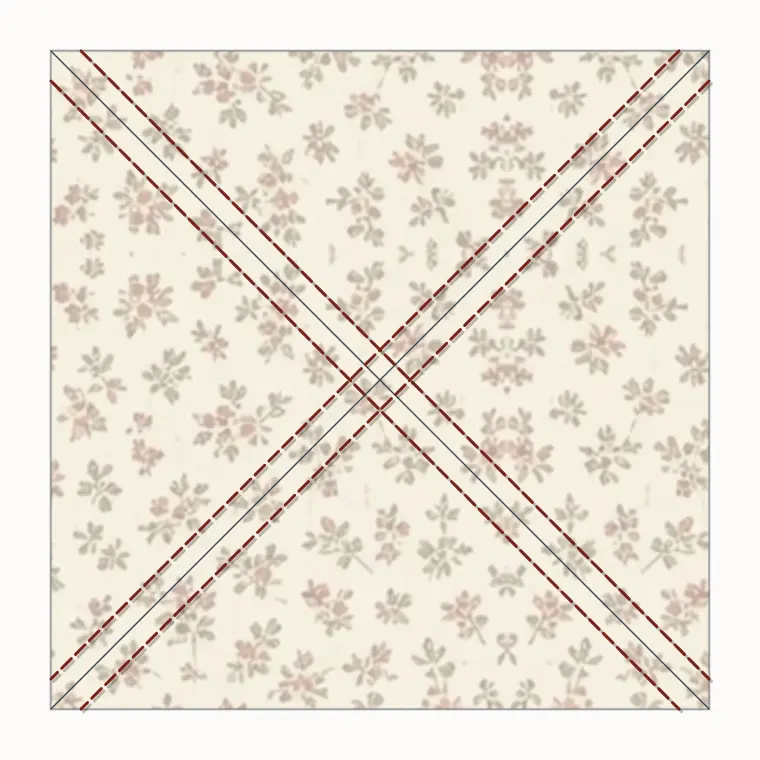 Two large squares with both diagonals drawn and stitched on both sides