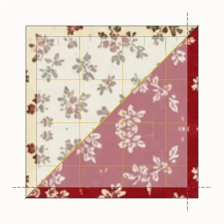 A square ruler on an oversized half-square triangle, diagonal line on the seam
