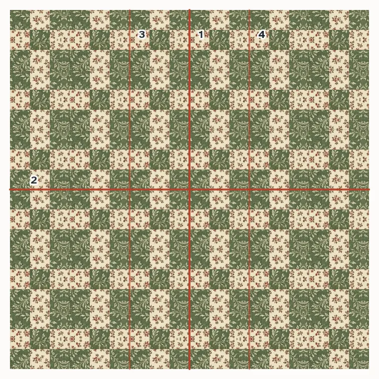 A quilt with the first lines of quilting numbered from the center out