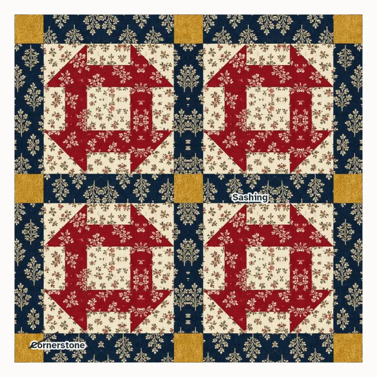 Four blocks with sashing strips and cornerstones