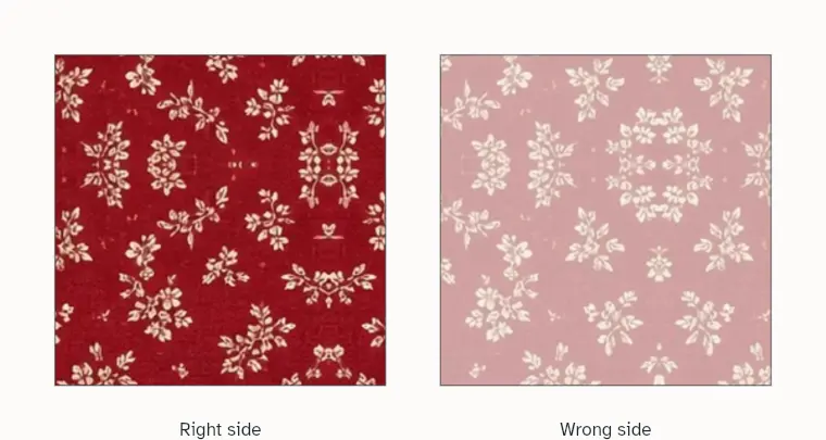 A fabric with its right side up beside the same fabric wrong side up