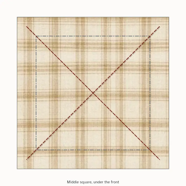 A front square with a smaller middle square under it and an X of stitching