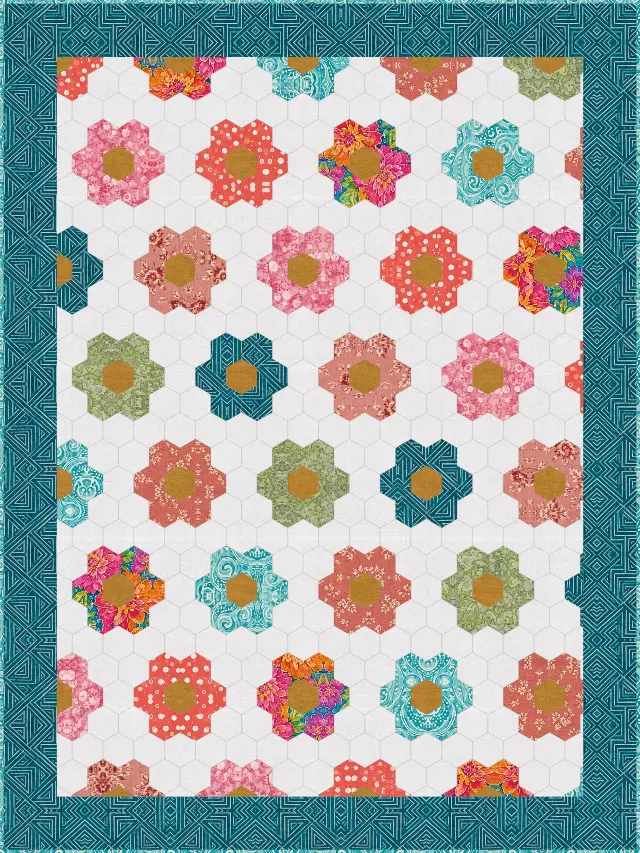 Grandmother's Flower Garden quilt, crib size, 45" × 60"