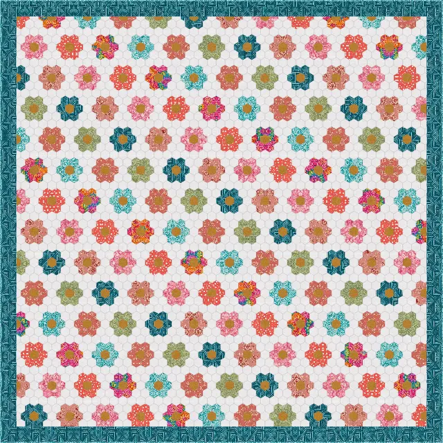 Grandmother's Flower Garden quilt, king size, 108" × 108"