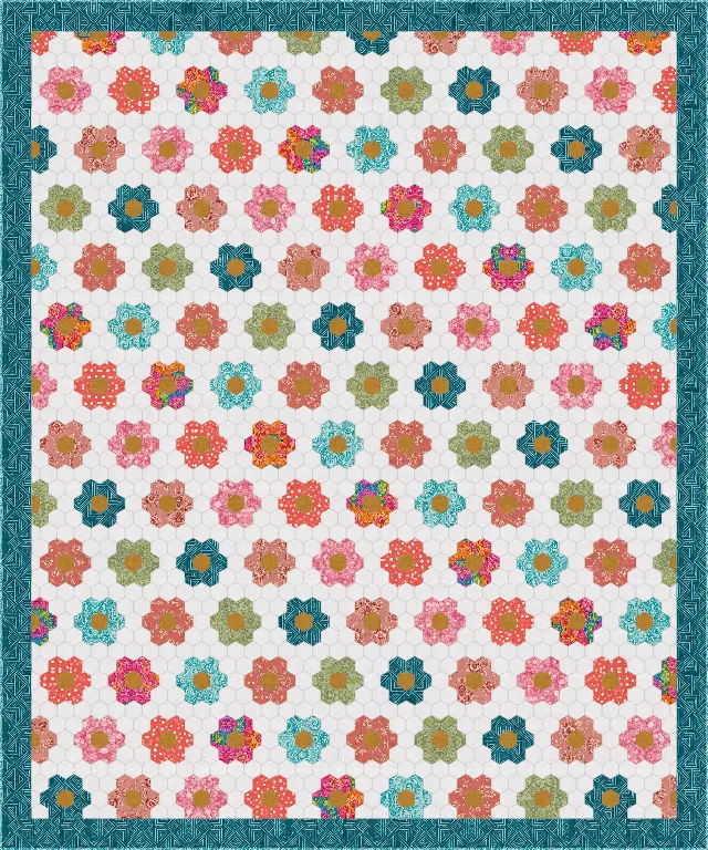 Grandmother's Flower Garden quilt, queen size, 90" × 108"