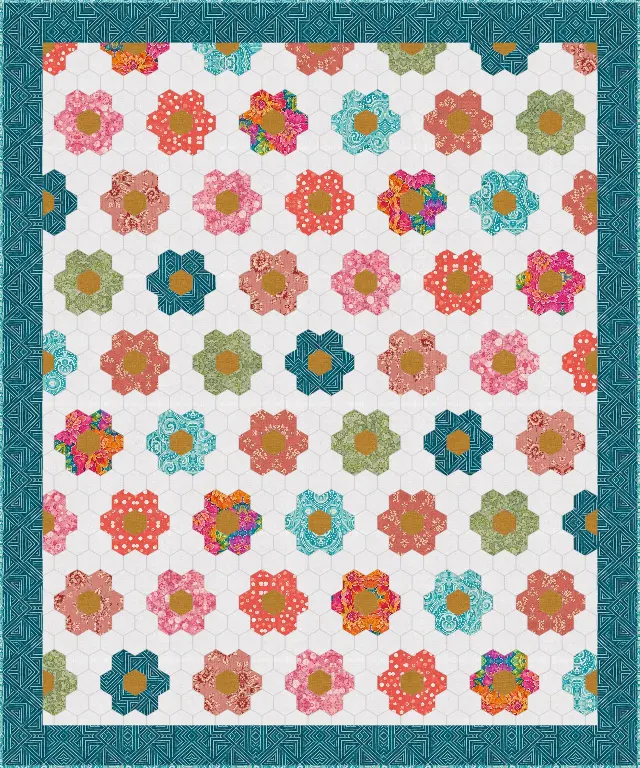 Grandmother's Flower Garden quilt, throw size, 60" × 72"