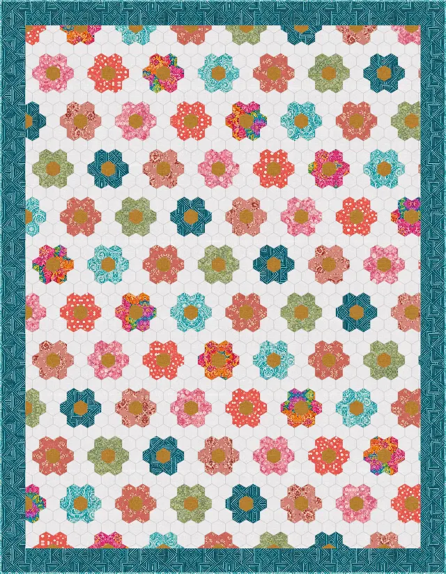 Grandmother's Flower Garden quilt, twin size, 70" × 90"